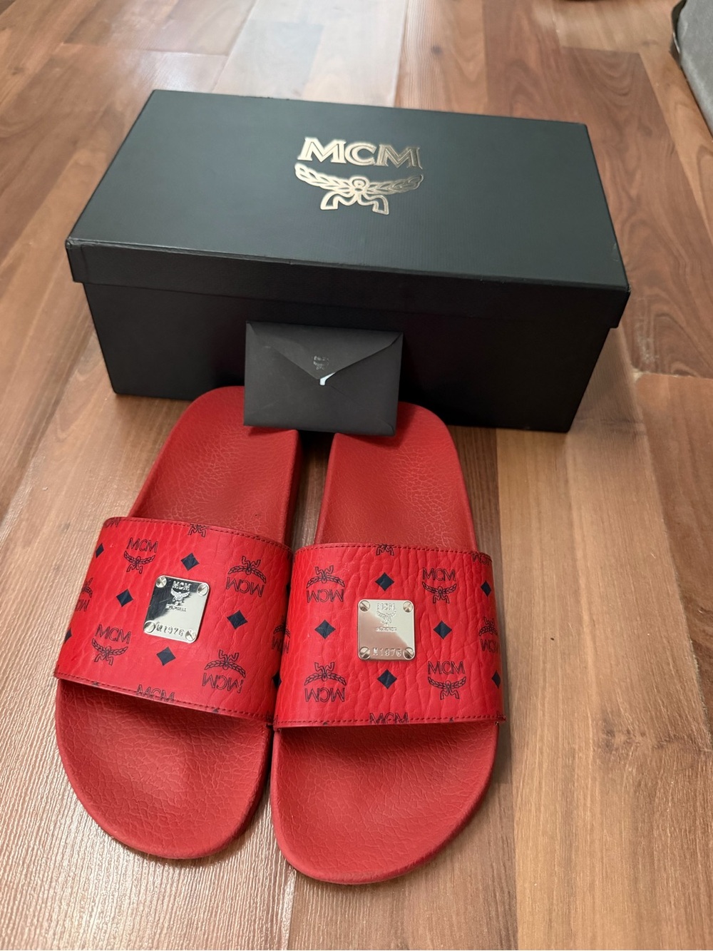 MCM Red Logo Leather Slide Sandals with Metal Plaque
